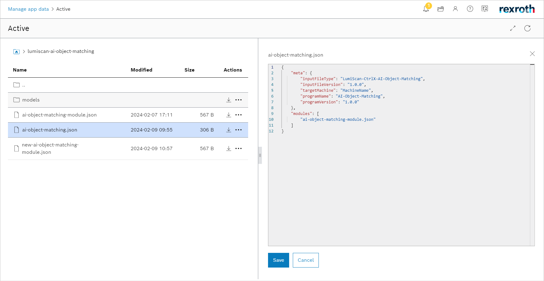 Einstellungen in ai-object-matching.json mit der aufgeführten neuen Moduldatei
