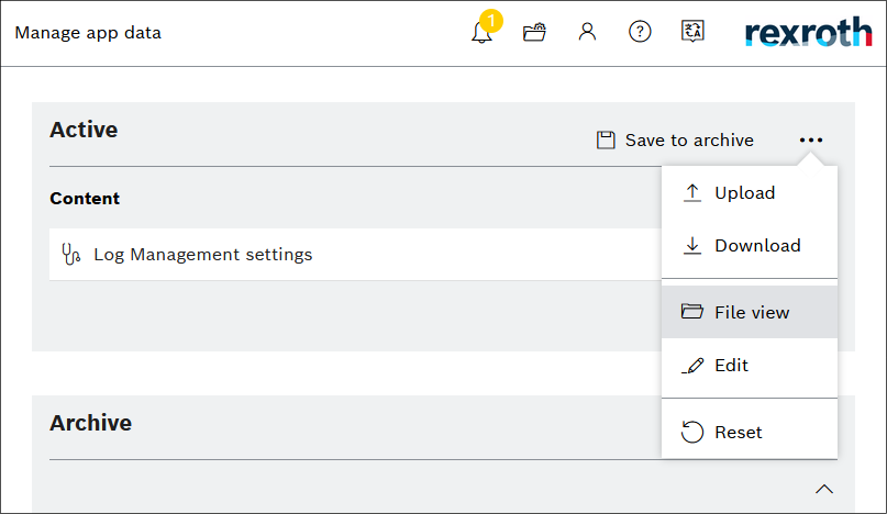 Startseite von ctrlX OS mit hervorgehobenem Manage app data