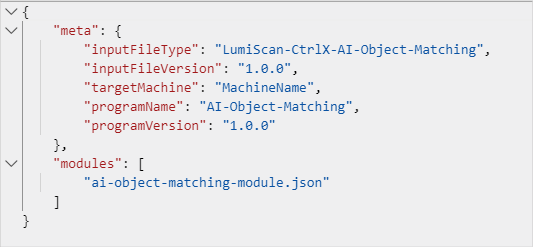 Feld modules in ai-object-matching.json mit hervorgehobenem Namen der neuen Moduldatei