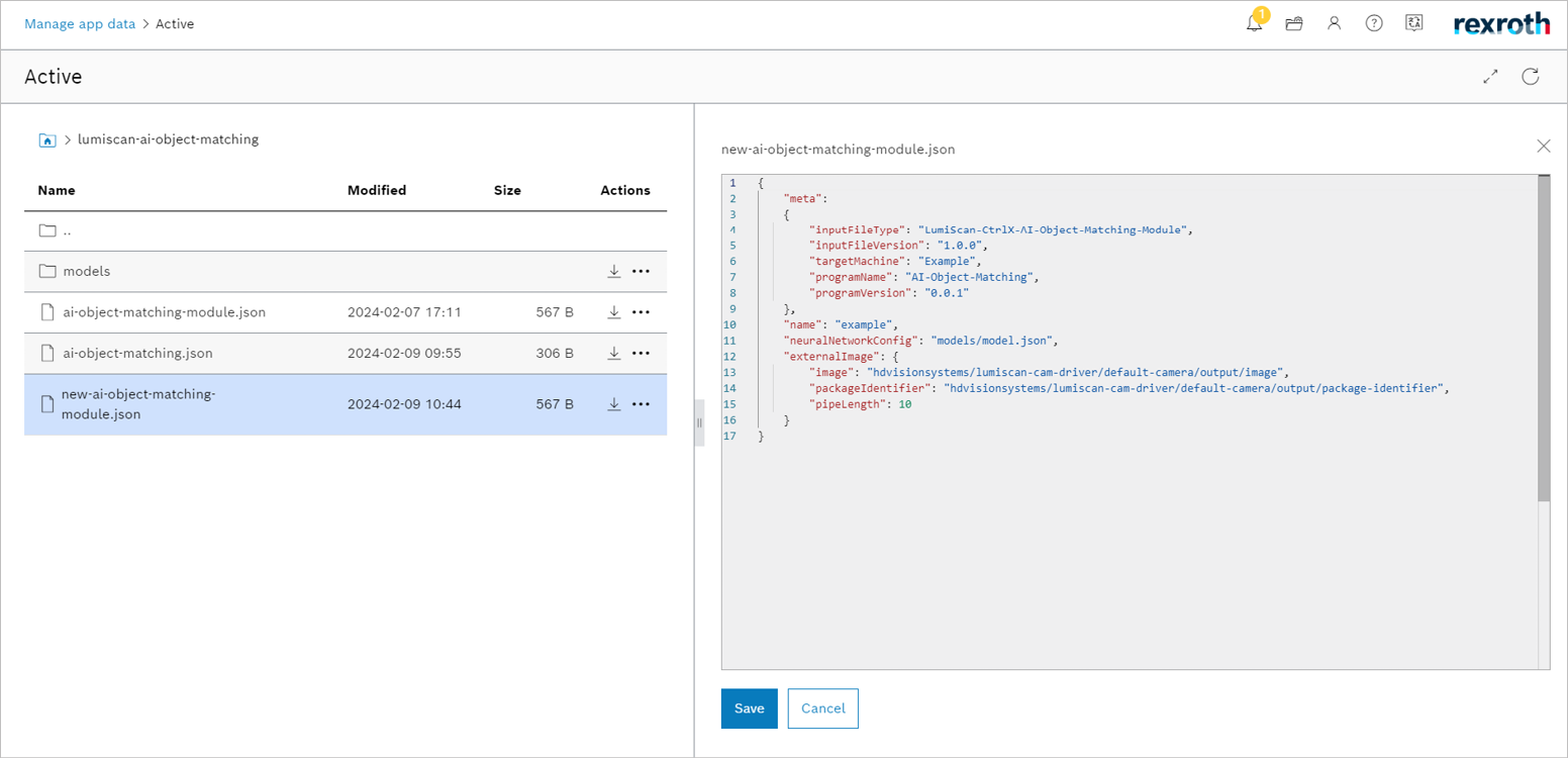 Hervorgehobenes Feld neuralNetworkConfig im JSON-Inhalt des neuen Moduls