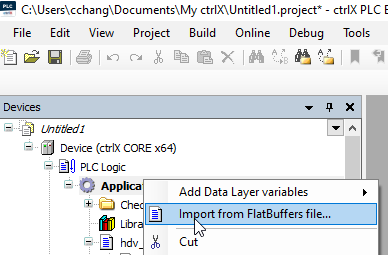 Gerätebaum von ctrlX PLC Engineering mit dem geöffneten Kontextmenü von Application auf Import from FlatBuffers file