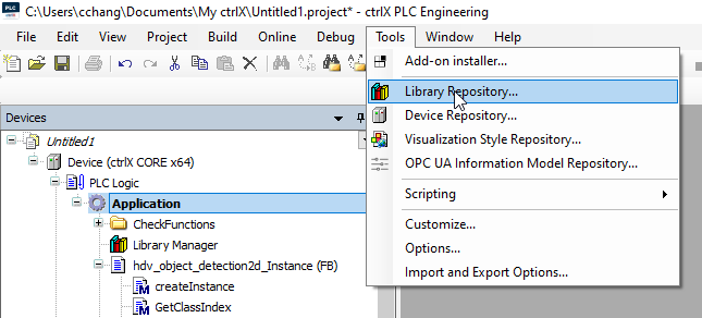 Menü Tools von ctrlX PLC Engineering mit hervorgehobenem Befehl Library Repository