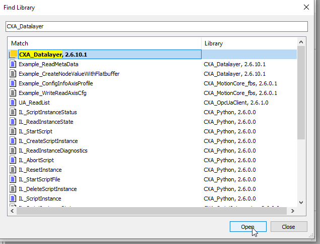 Dialog Find Library mit dem Suchbegriff CXA_Datalayer und der ausgewählten Bibliothek CXA_Datalayer