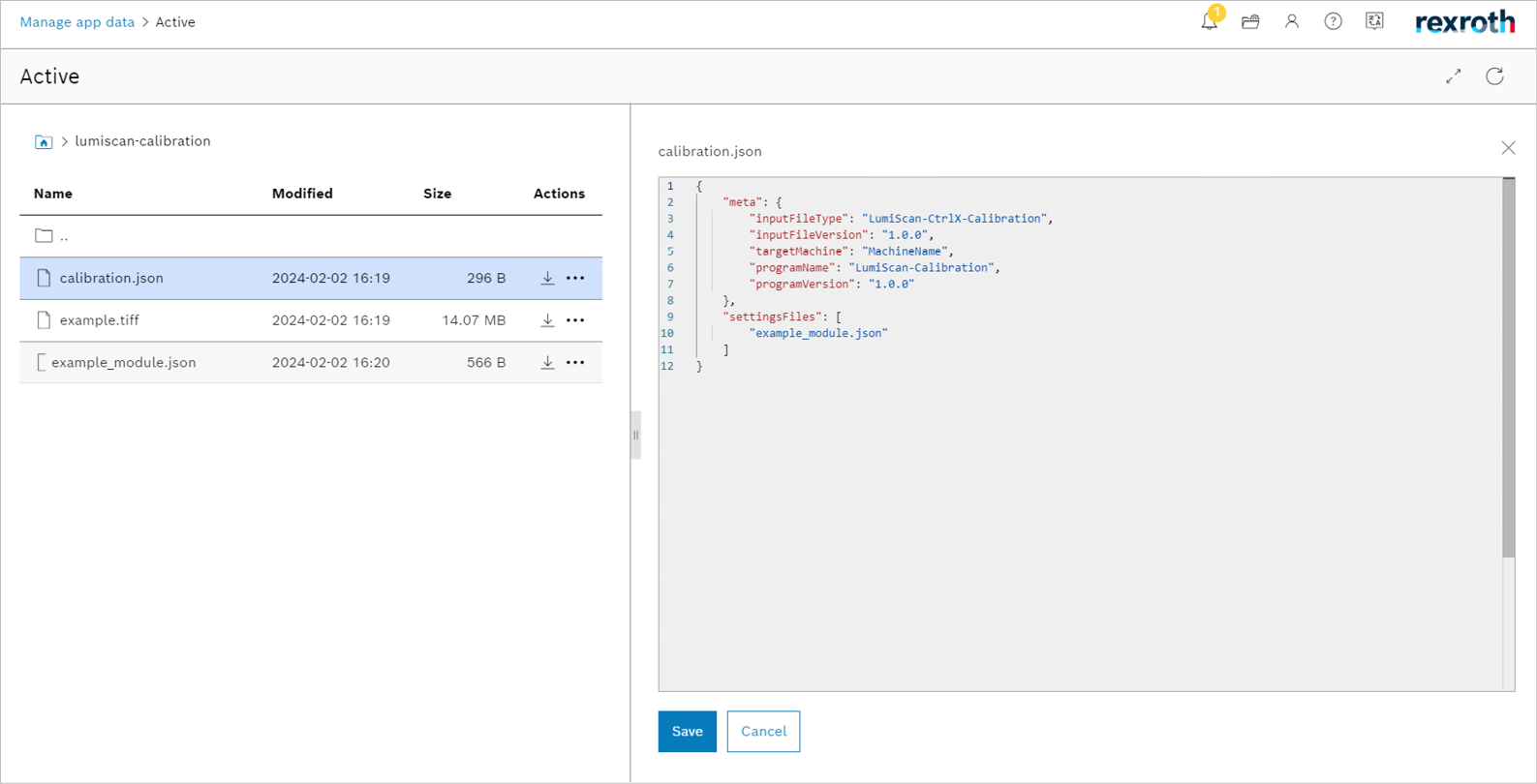 Fenster JSON Settings für lumiscan-calibration.json