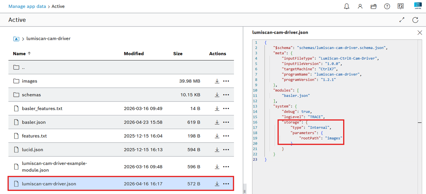 lumiscan-cam-driver.json mit markiertem Abschnitt storage