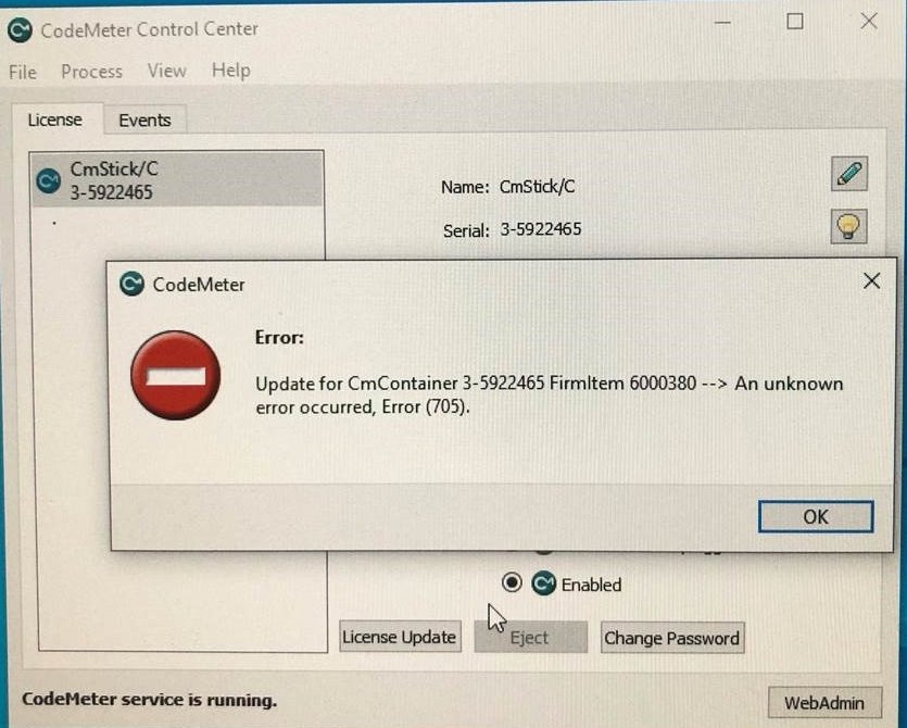 CodeMeter-Fehlermeldung: Update for CmContainer FirmItem 6000380