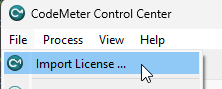Menü File von CodeMeter Control Center mit dem Eintrag Import License