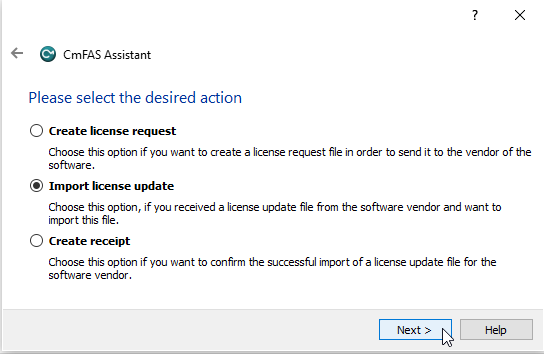 CmFAS-Assistent mit ausgewählter Option Import license update