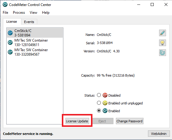 Reiter License mit ausgewähltem LumiScan Key und hervorgehobener Schaltfläche License Update