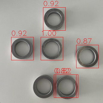 Fünf Ringe umrahmt mit Scores zwischen 0.82 und 1.00; von den beiden sich berührenden Ringen unten wird nur einer gefunden