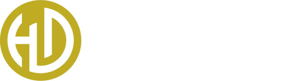 A gold circular logo with the stylized letters H and D intertwined inside