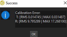 A software dialog box titled Success displays a calibration error message with RMS and MAX values for channels L and R and an OK button