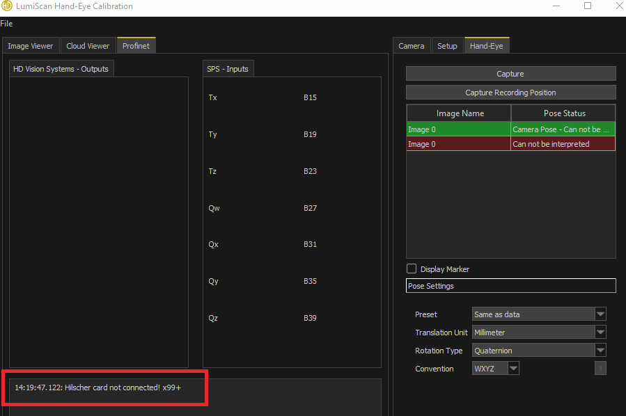 A software interface for LumiScan Hand Eye Calibration shows calibration status with error messages indicating that the camera pose cannot be determined and that the calibration is not successful