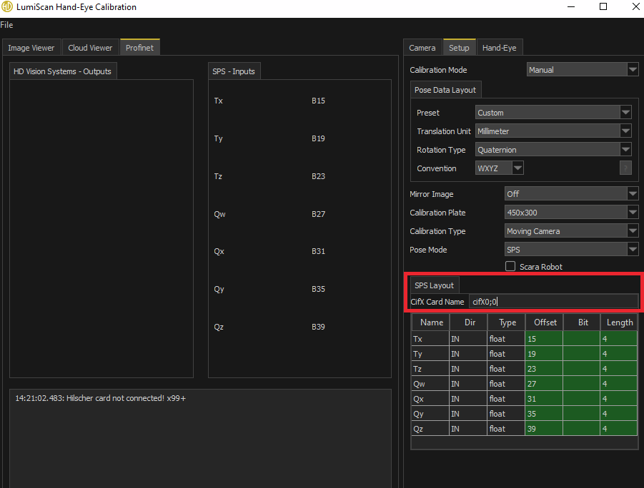 A software interface showing settings and parameters for luminance-based type calibration with options for camera setup, hand-eye calibration, and SPS layout details