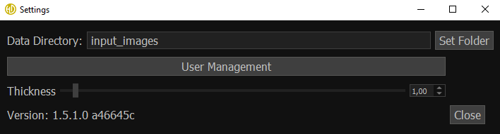 A software settings window shows options for selecting a data directory labeled Input_Images, adjusting thickness with a slider set to 1.00, and displays the version number 1.3.1.0 with buttons for setting the folder and closing the window