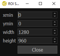 A software window titled ROI S shows input fields for xmin, ymin, width, and height with values set to 0, 0, 1280, and 960 respectively, and a Close button below