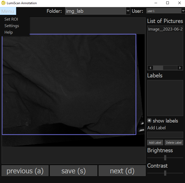 A dark, textured fabric is displayed within a software interface labeled LumScan Annotation, showing options for folder selection, user input, picture list, labels, and brightness and contrast adjustments