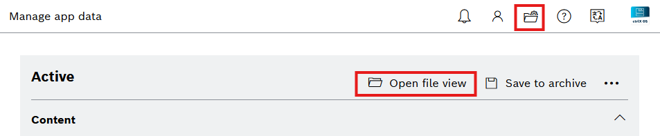 Manage app data with the Open file view button highlighted