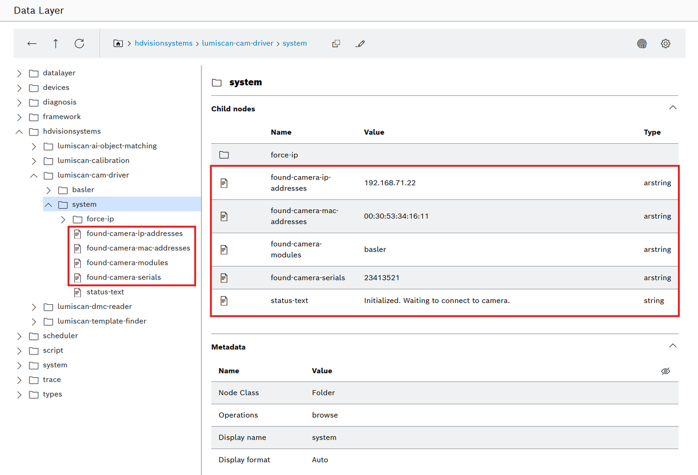 Data Layer browser showing the found-camera nodes under lumiscan-cam-driver/system