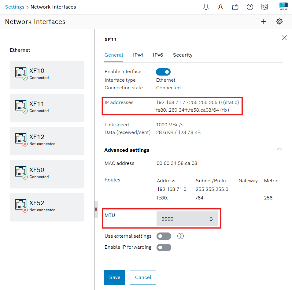 ctrlX network interface settings with the static IP address and the MTU field highlighted