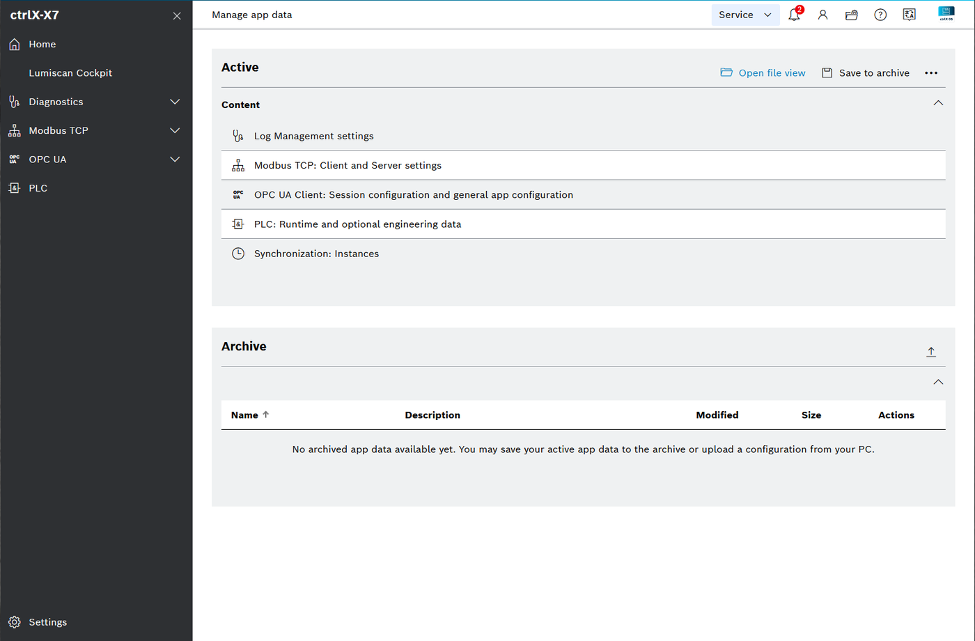 Manage app data page of the ctrlX web interface with the Open file view button