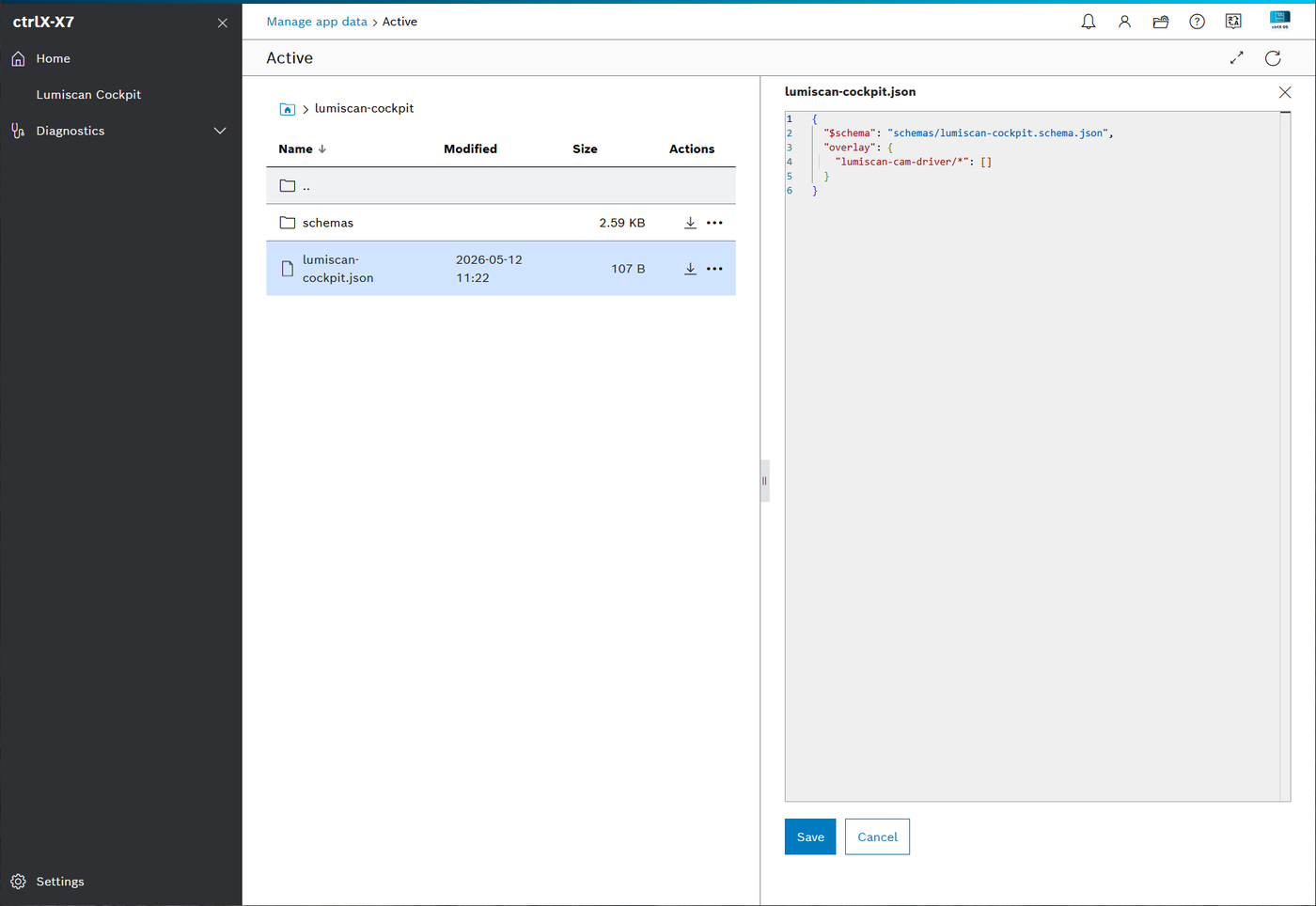 File view of the folder lumiscan-cockpit with lumiscan-cockpit.json opened in the editor