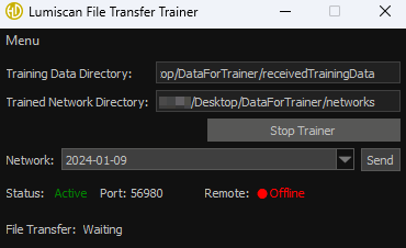 A software window titled LumiScan File Transfer Trainer shows directories for training data and trained network, a network date selection, status indicators with active port and offline remote, and a waiting file transfer message
