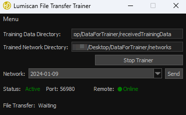 A software interface for LumiScan File Transfer Trainer showing directory paths, network status as active and online, and file transfer waiting