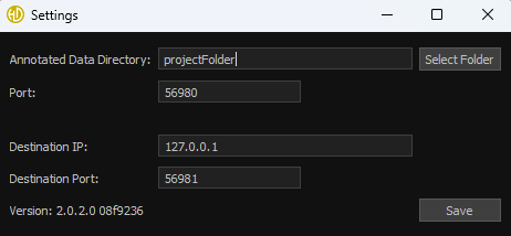 A software settings window shows fields for annotated data directory, port, destination IP, destination port, and a save button with version information displayed