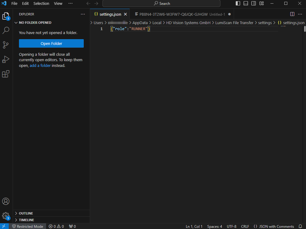 A code editor window displays a JSON file with a single key-value pair where the key is 'profile' and the value is 'RUNNER'