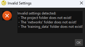 A software error message indicates invalid settings due to missing project folder, networks folder, and training_data folder
