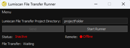A software window titled Lumiscan File Transfer Runner shows a project directory input with the name projectFolder, a disabled Send button, an active Start Runner button, and status indicators showing Inactive status and Remote Offline in red, with File Transfer waiting