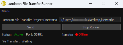 A software window titled Lumiscan File Transfer Runner shows a project directory path, buttons for sending and stopping the runner, and status indicators with the local status marked active in green and the remote status marked offline in red