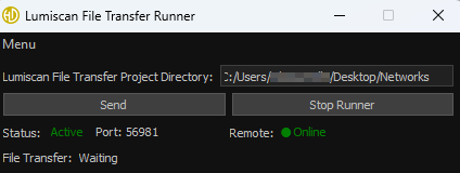 A software window titled Lumiscan File Transfer Runner shows a project directory path, buttons to send and stop the runner, and status indicators displaying active status and online remote connection with file transfer waiting