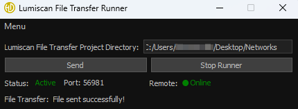 A software window titled Lumiscan File Transfer Runner shows a file transfer project directory path, active status, online remote connection, and a message indicating the file was sent successfully