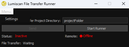 A software window titled Lumiscan File Transfer Runner shows a project directory named projectFolder with status inactive, file transfer waiting, and remote offline indicated in red