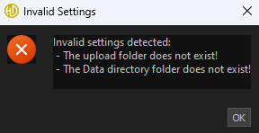 A software error message indicates invalid settings because the upload folder and data directory folder do not exist, with an OK button to close the message