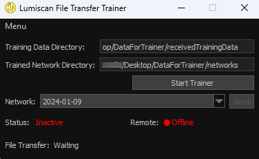 A software window titled LumiScan File Transfer Trainer shows directory paths for training data and trained network, with status indicators displaying inactive and offline, and buttons for starting the trainer and sending data
