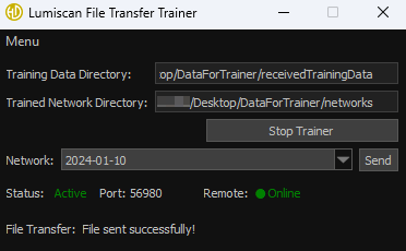 A software interface shows a file transfer trainer with directories for training data and trained network, a network date selection, status indicators for active connection and online remote, and a message confirming successful file transfer