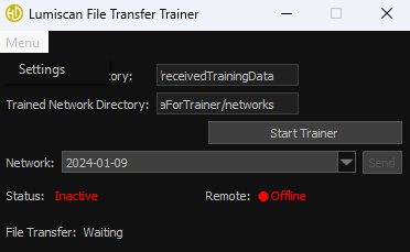 A software window titled LumiScan File Transfer Trainer shows settings for a trained network directory, a network date selection, status indicators marked inactive and offline in red, and a file transfer status labeled waiting