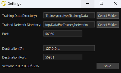 Settings window showing directories for training data and trained network, port and destination IP and port fields, and a save button