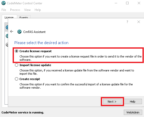 CmFAS Assistant with Create license request selected