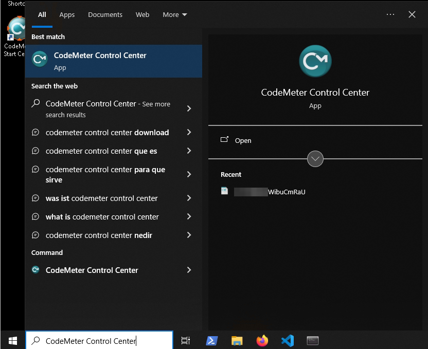 Windows search showing CodeMeter Control Center