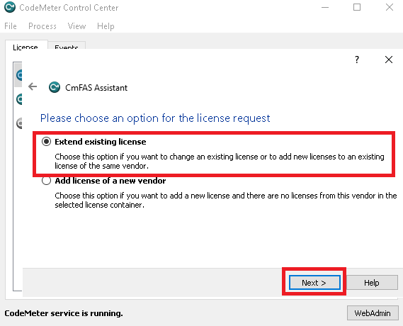 CmFAS Assistant with Extend existing license selected