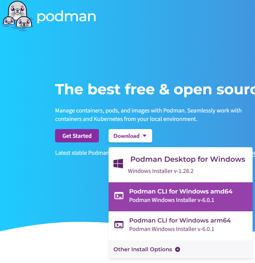 The download menu on the podman.io website with the entry Podman CLI for Windows amd64 selected