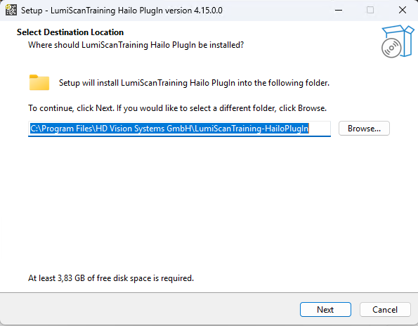 The Hailo PlugIn setup program showing the Select Destination Location page with the default installation folder