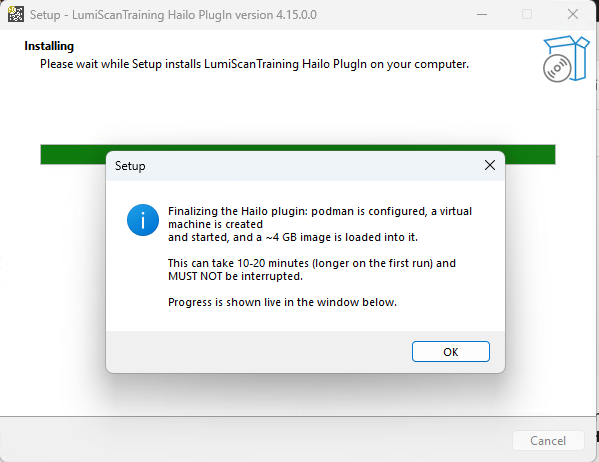 A message from the setup program explaining that Podman is configured, a virtual machine is created and started, and a 4 GB image is loaded into it