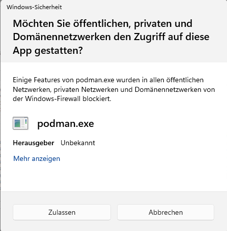 The Windows Security dialog asking whether public, private, and domain networks should be allowed to access podman.exe
