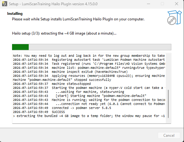 The setup program during installation, showing the current setup step and a live log of the Podman machine setup