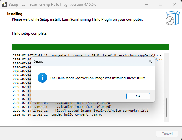 A message from the setup program reporting that the Hailo model-conversion image was installed successfully